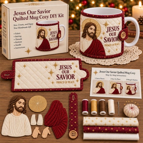 ⏳ Last Day 50% OFF – ✝️ Beginner-Friendly Christmas Faith Mug Cozy Sewing Kit | 6 Christian-Inspired Designs with Fabric Pieces, Batting, Appliqué, Thread, Buttons, Needle & Step-by-Step Guide Included 💕