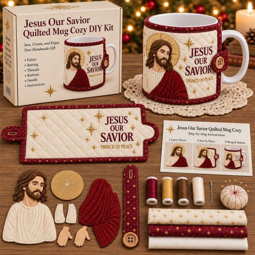 ⏳ Last Day 50% OFF – ✝️ Beginner-Friendly Christmas Faith Mug Cozy Sewing Kit | 6 Christian-Inspired Designs with Fabric Pieces, Batting, Appliqué, Thread, Buttons, Needle & Step-by-Step Guide Included 💕