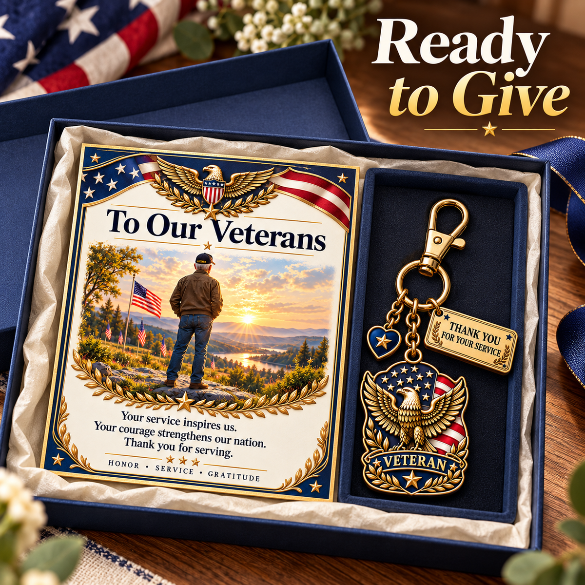 "Thank You For Your Service" Patriotic Veteran Keychain with Appreciation Card