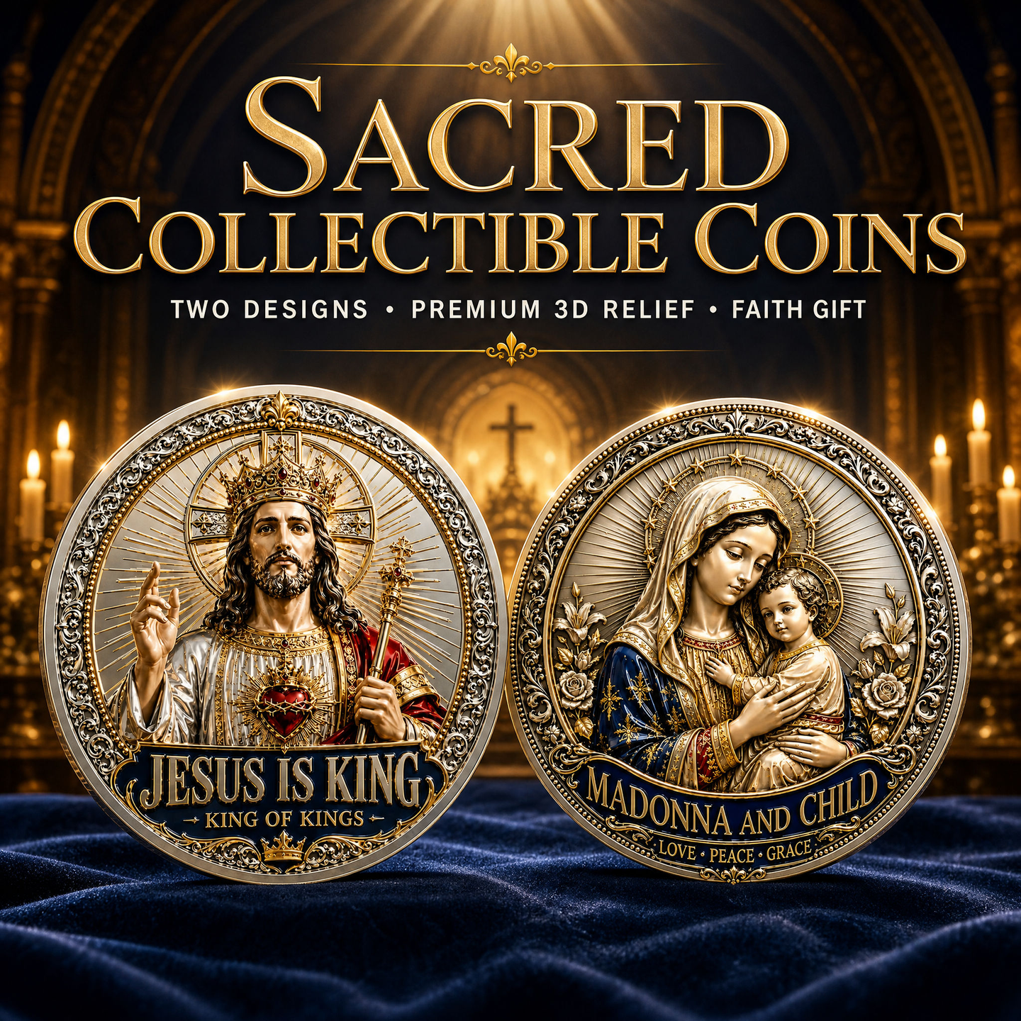 Sacred Heritage Commemorative Metal Coin Collection | 3D High-Relief Christian Faith Medals (Jesus Is King &amp; Madonna and Child)
