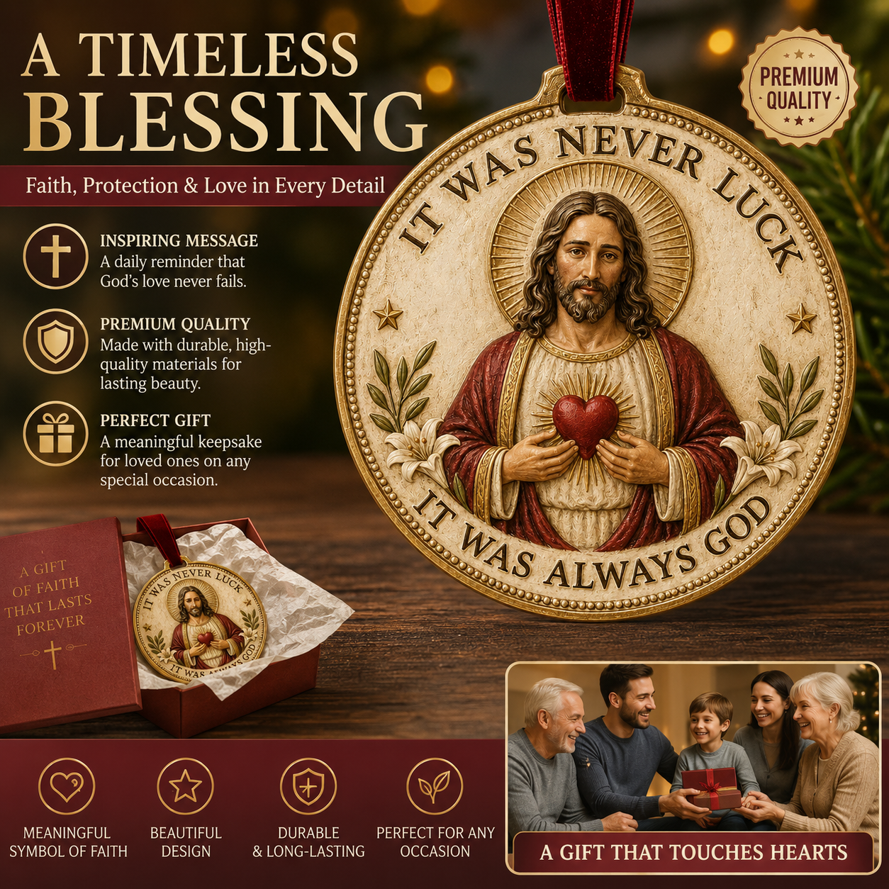 ✨ "It Was Never Luck, It Was Always God" – Vintage Sacred Heart Jesus Keepsake Ornament 🕊️