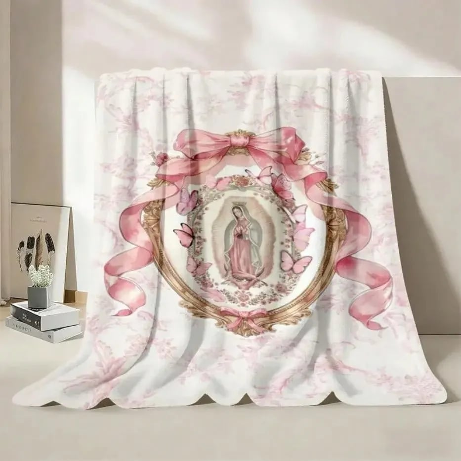 🕊️Virgin Mary Guadalupe Blanket ✨ Soft Flannel Throw Blanket with Pink Bow Design For Home & Gift