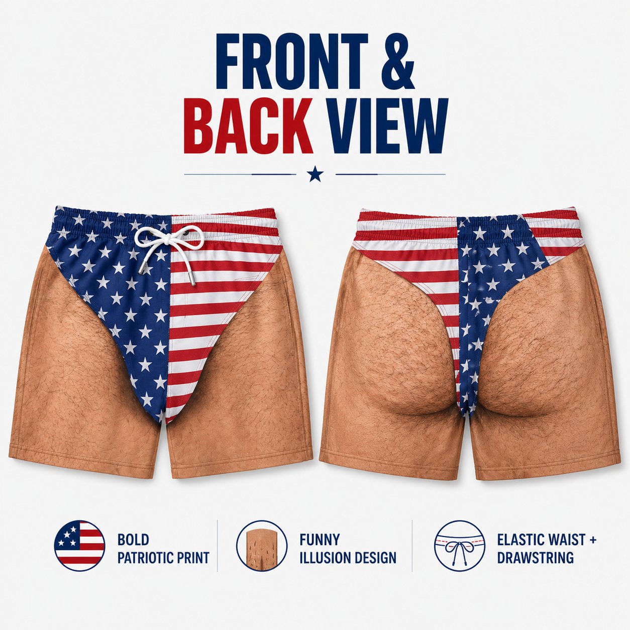 Front and back view of funny patriotic men's swim trunks