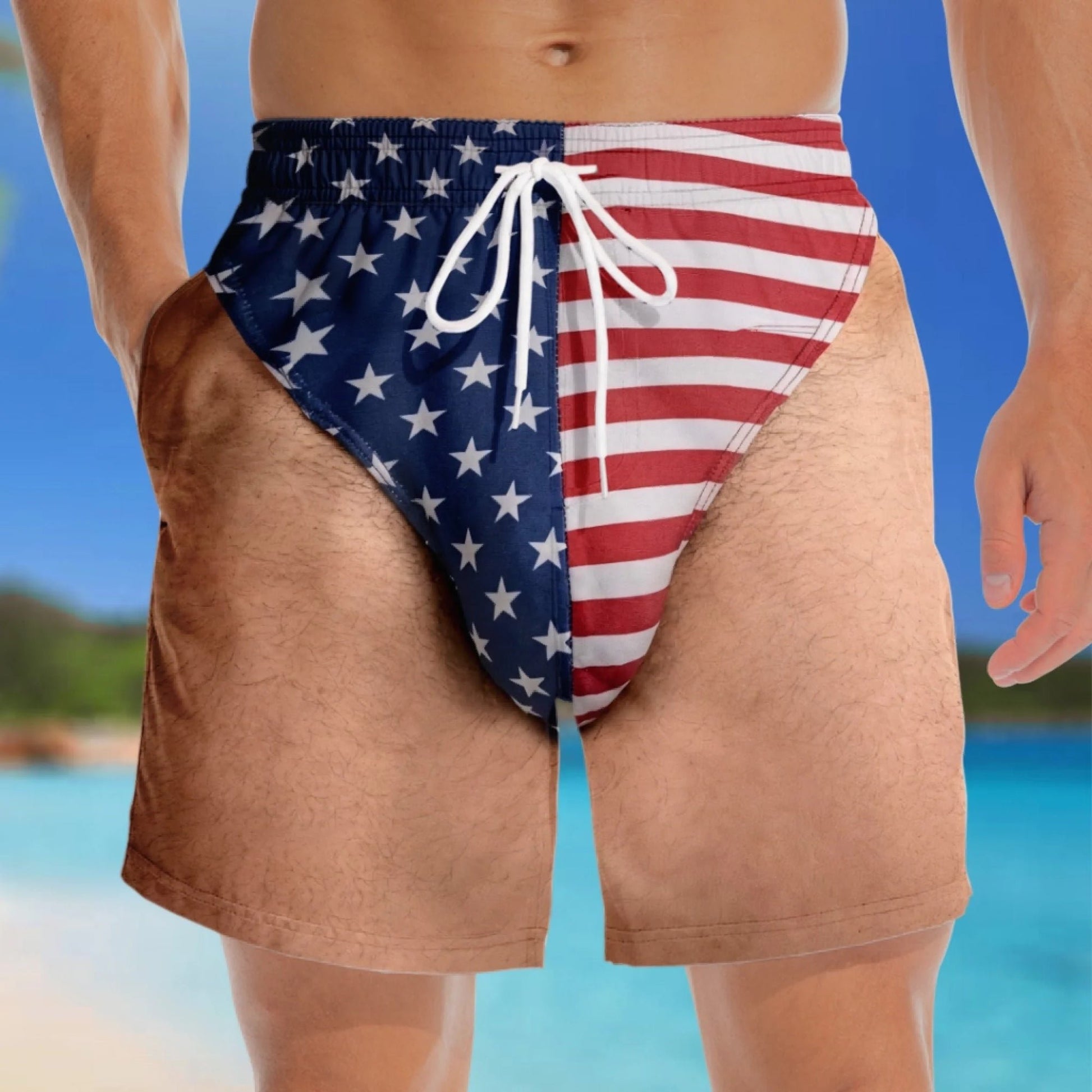 Funny patriotic men's swim trunks front close-up
