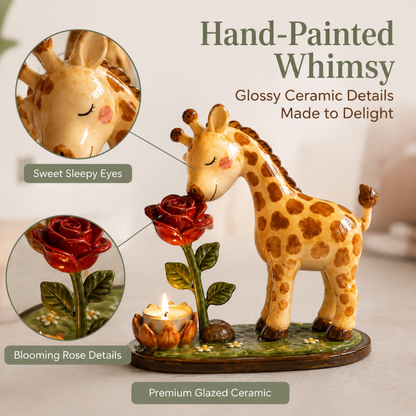 🦒 "Stop and Smell the Roses" – Whimsical Giraffe Ceramic Tealight Candle Holder 🌹