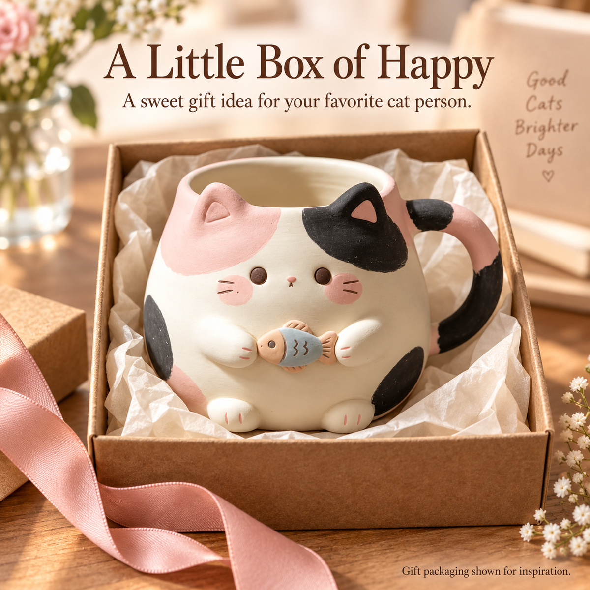 Chubby Calico Cat Mug with Fish 🐱🐟