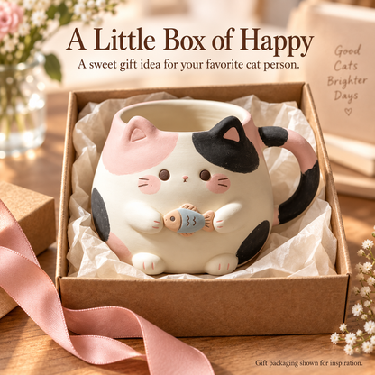 Chubby Calico Cat Mug with Fish 🐱🐟
