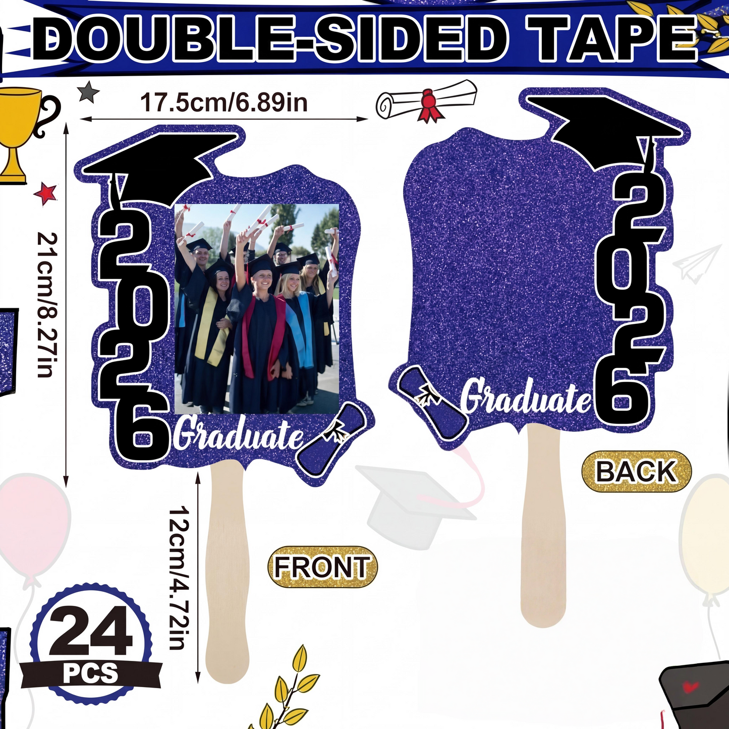 24 Pack Class of 2026 Graduation Fans with Handle | Double Sided DIY Grad Photo Props