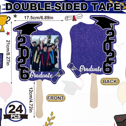 24 Pack Class of 2026 Graduation Fans with Handle | Double Sided DIY Grad Photo Props