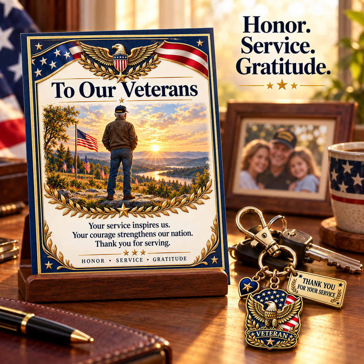 "Thank You For Your Service" Patriotic Veteran Keychain with Appreciation Card