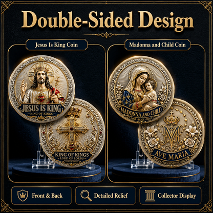 Sacred Heritage Commemorative Metal Coin Collection | 3D High-Relief Christian Faith Medals (Jesus Is King &amp; Madonna and Child)