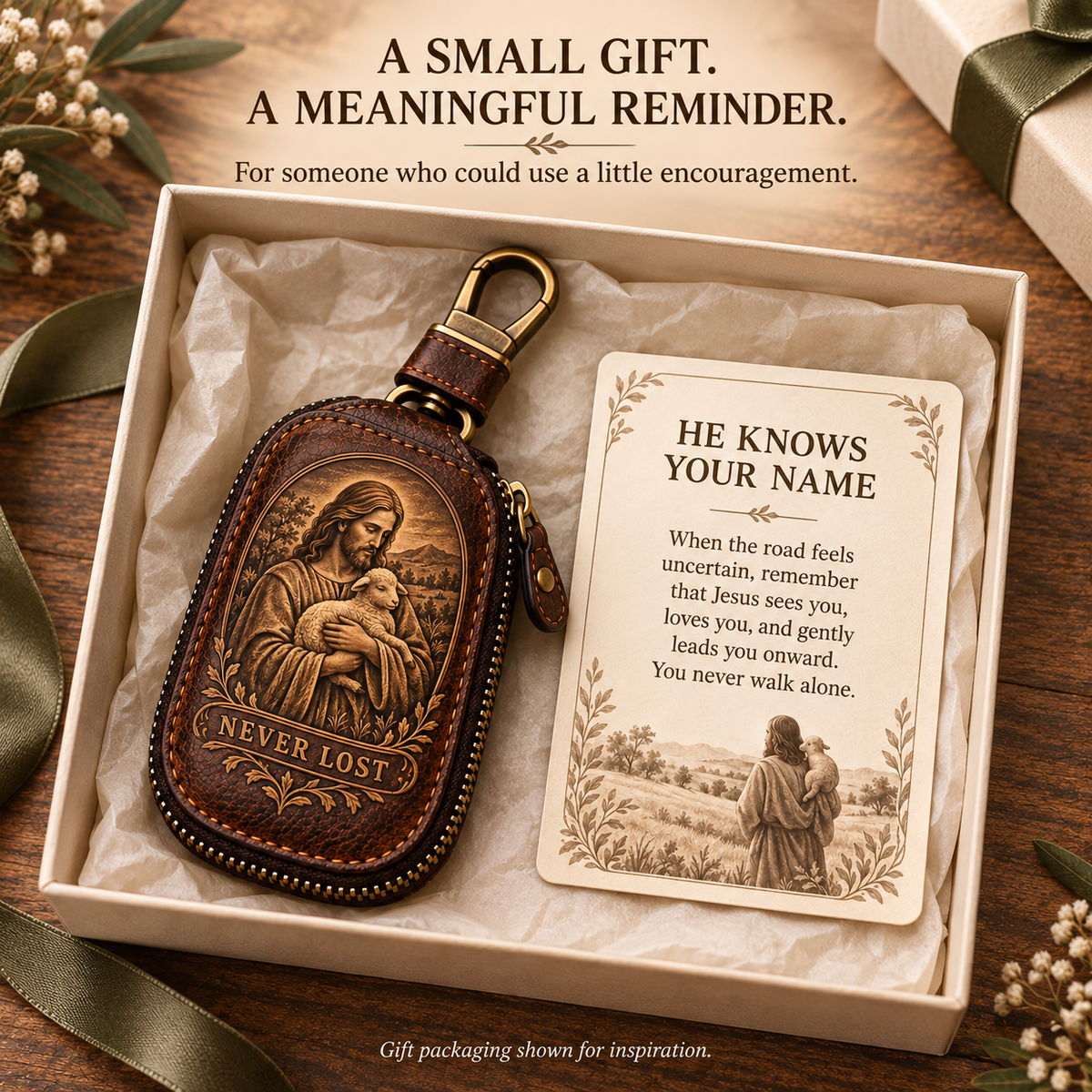 🕊️ "Faith Journey" Vintage Leather Key Case & Devotional Card Set | Christian Gift ✝️