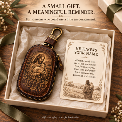 🕊️ "Faith Journey" Vintage Leather Key Case & Devotional Card Set | Christian Gift ✝️