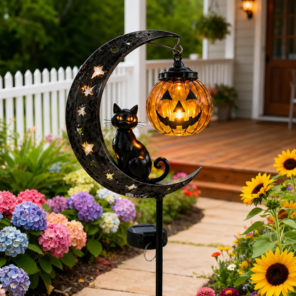 Solar Halloween Black Cat & Pumpkin Moon Garden Stake Light