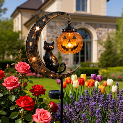 Solar Halloween Black Cat & Pumpkin Moon Garden Stake Light