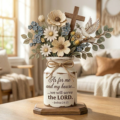 🏡 Joshua 24:15 Rustic Farmhouse Centerpiece | "As For Me and My House" Faith Decor | Everlasting Wooden Floral Display