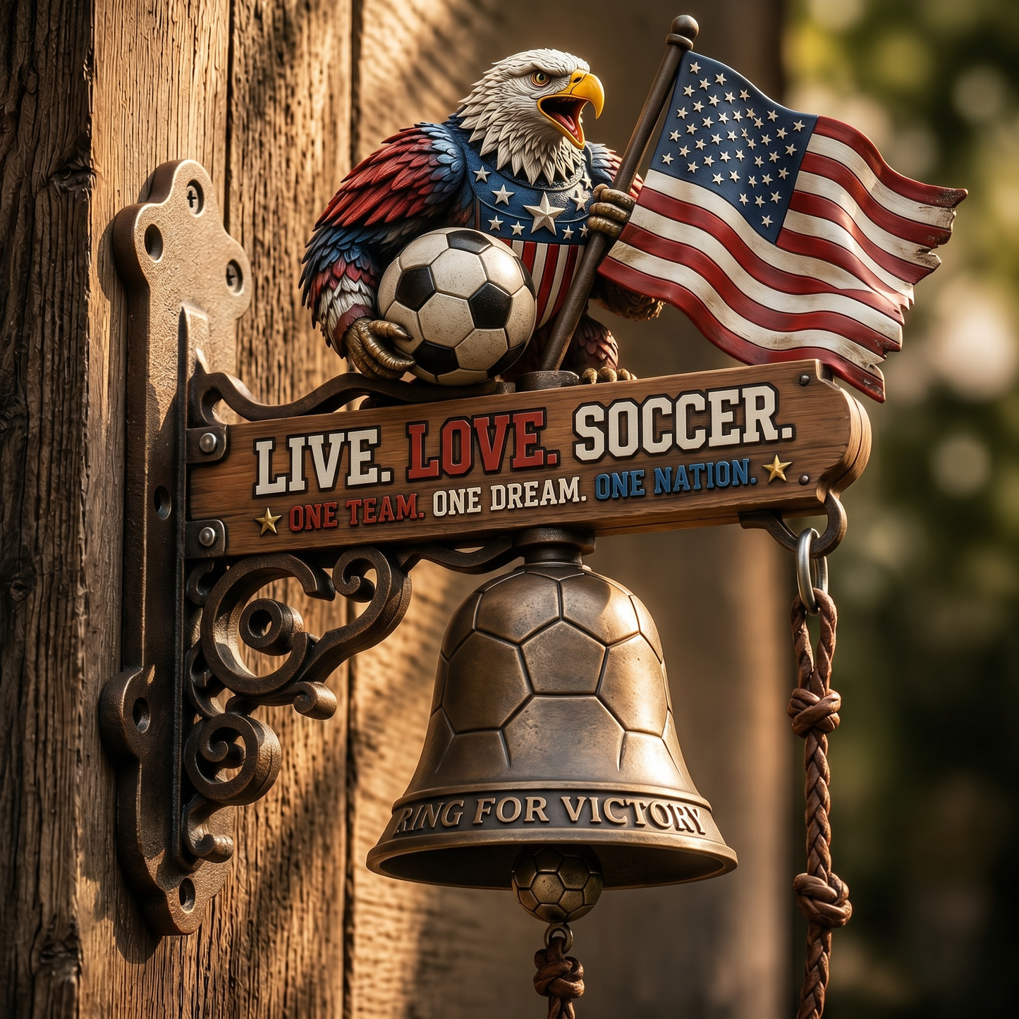 🔥🦅 LIVE LOVE SOCCER Eagle Wall Decor with Bell 🎊| 2026 USA Patriotic Soccer ⚽Porch Sign | Ring for Victory Rustic Home Wall Art