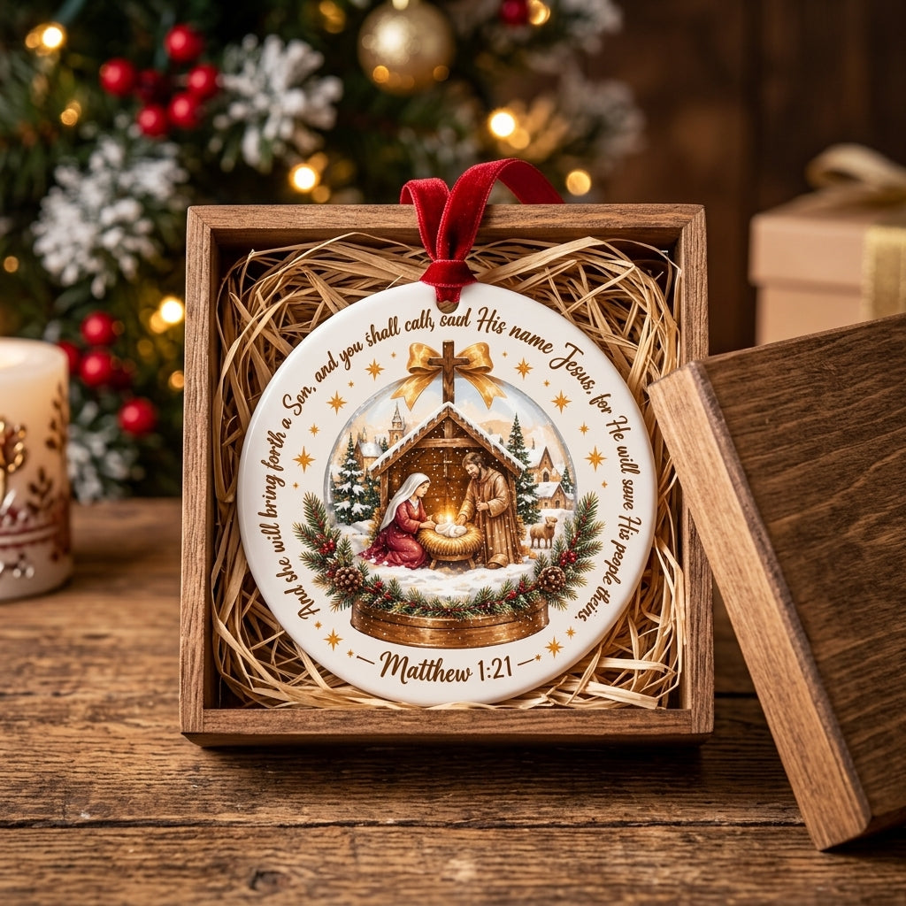 Nativity Scene Matthew 1:21 Christmas Ceramic Ornament
