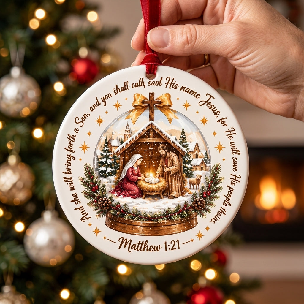 Nativity Scene Matthew 1:21 Christmas Ceramic Ornament