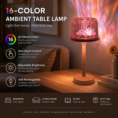 Aurora/Ocean Wave/Water Ripple Desk Lamp – 16-Color Ambient Table Lamp with Control