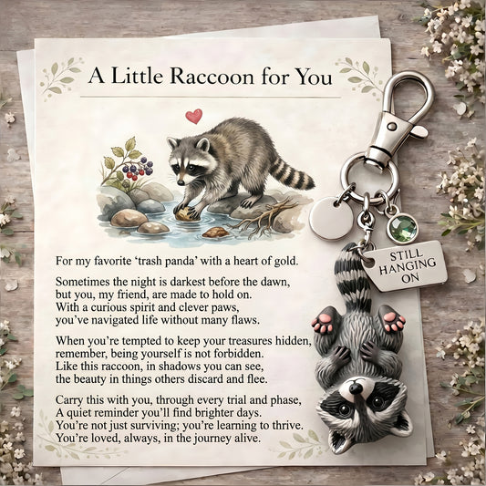 🦝 "Still Hanging On" Trash Panda Keychain & Keepsake Card Set | The Perfect Encouragement Gift 💖