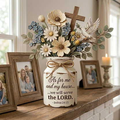 🏡 Joshua 24:15 Rustic Farmhouse Centerpiece | "As For Me and My House" Faith Decor | Everlasting Wooden Floral Display