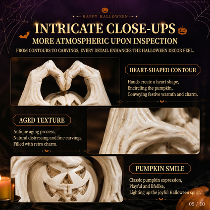 🖤🎃 "Til Death" Skeleton Hands Heart & White Pumpkin Figurine | Spooky Chic Gothic Halloween Decor