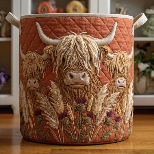 Cozy Highland Cow Quilted Storage Basket | Rustic Farmhouse Decor 🌾