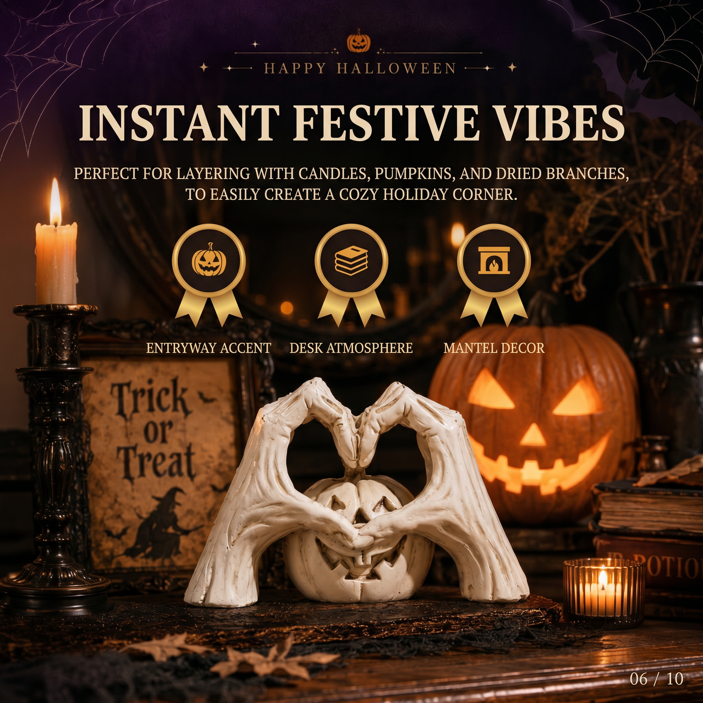 🖤🎃 "Til Death" Skeleton Hands Heart & White Pumpkin Figurine | Spooky Chic Gothic Halloween Decor