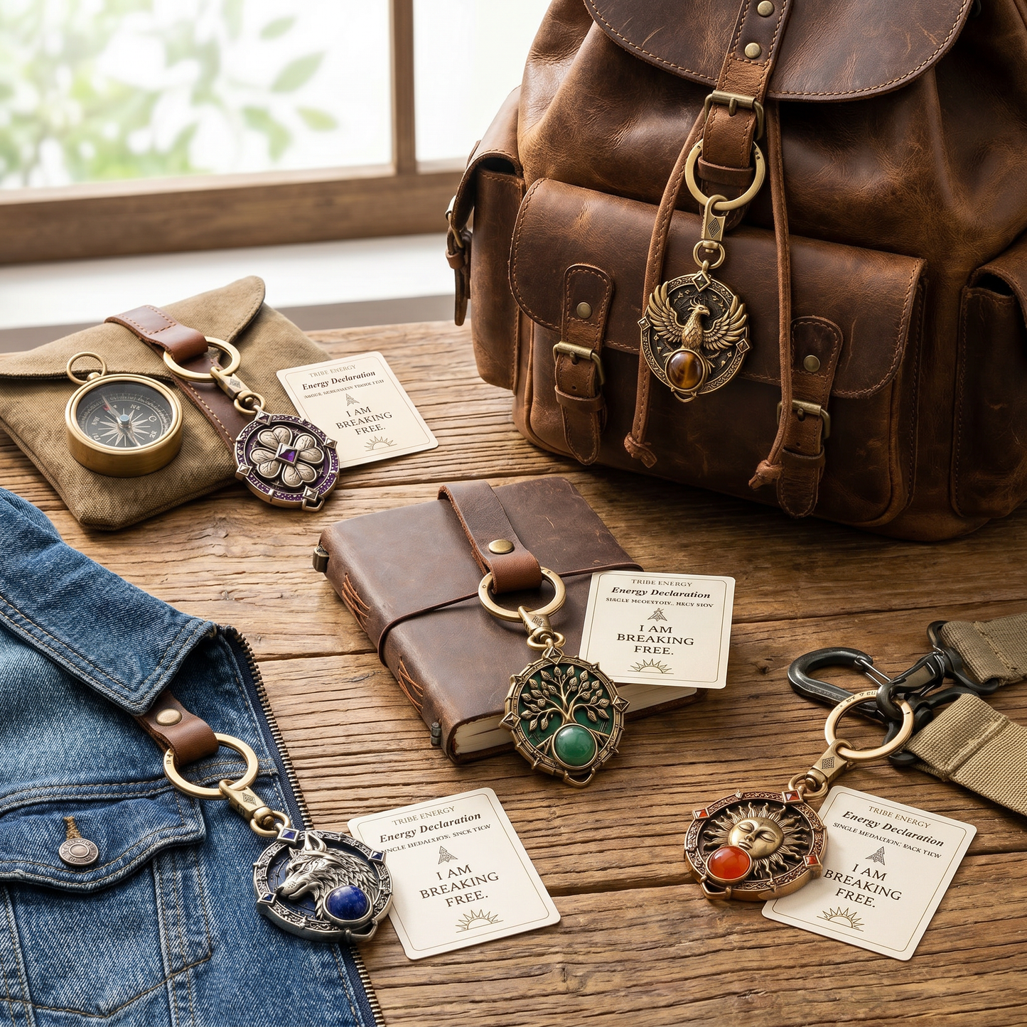 💪Energy Declaration Tribe Style Keychain | Natural Gem Retro Made Brass | Breakthrough/Guardian/Growth/Transformation/Awakening 5 Options to Choose from