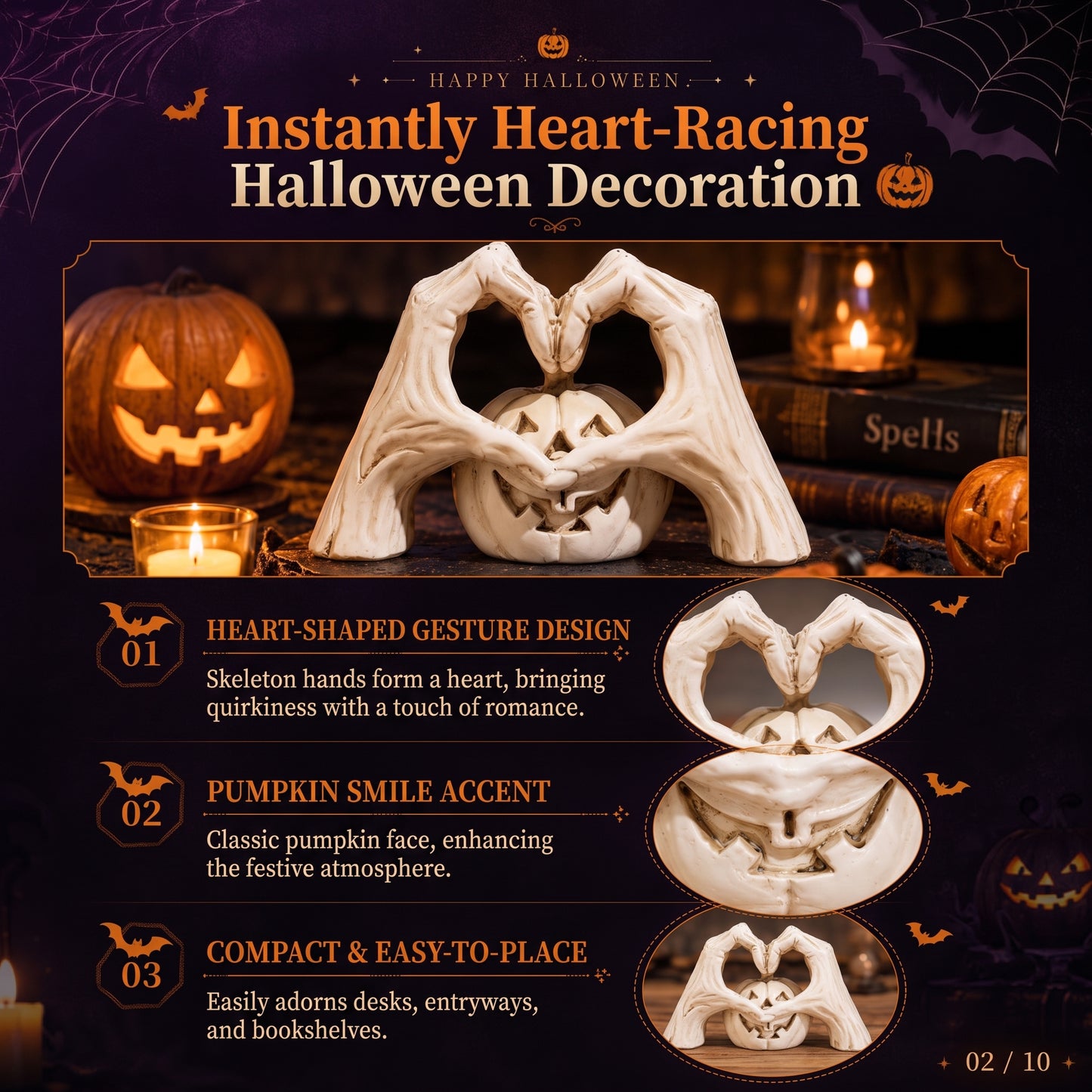 🖤🎃 "Til Death" Skeleton Hands Heart & White Pumpkin Figurine | Spooky Chic Gothic Halloween Decor
