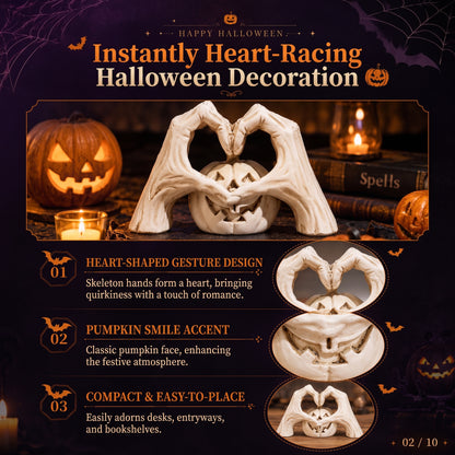 🖤🎃 "Til Death" Skeleton Hands Heart & White Pumpkin Figurine | Spooky Chic Gothic Halloween Decor