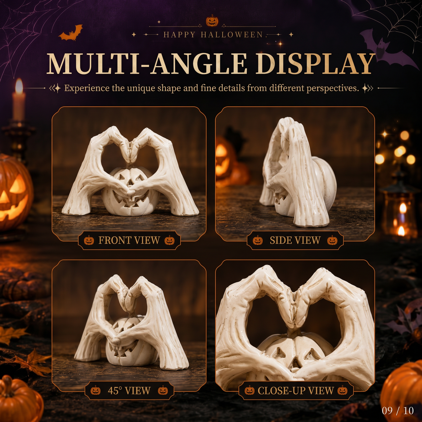 🖤🎃 "Til Death" Skeleton Hands Heart & White Pumpkin Figurine | Spooky Chic Gothic Halloween Decor