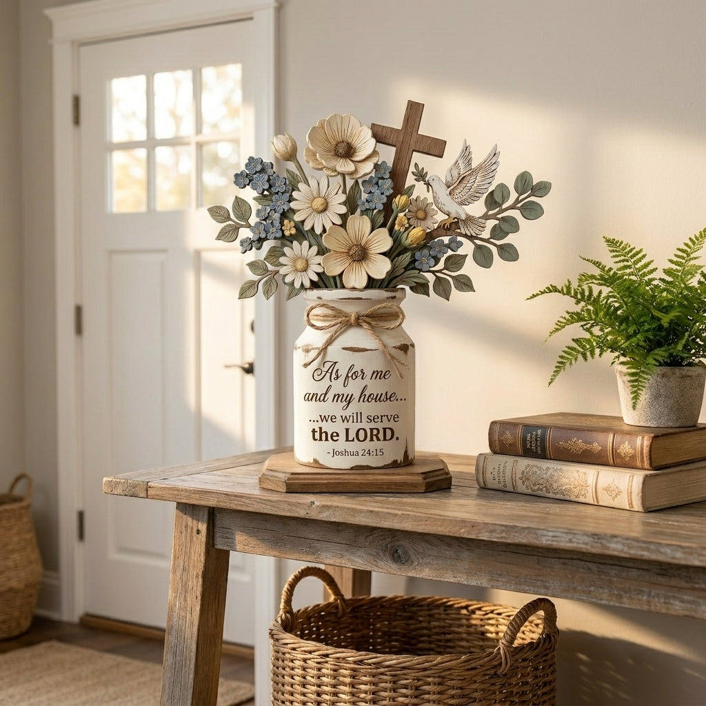 🏡 Joshua 24:15 Rustic Farmhouse Centerpiece | "As For Me and My House" Faith Decor | Everlasting Wooden Floral Display