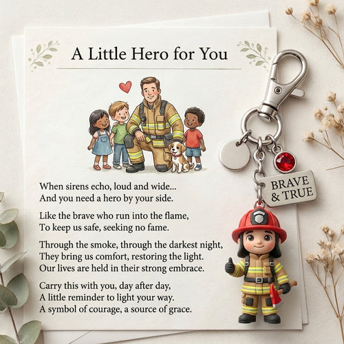 🚒 "A Little Hero for You" – Brave & True Firefighter Keychain & Keepsake Poem Card Set ❤️