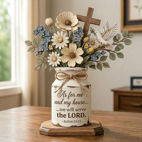 🏡 Joshua 24:15 Rustic Farmhouse Centerpiece | "As For Me and My House" Faith Decor | Everlasting Wooden Floral Display