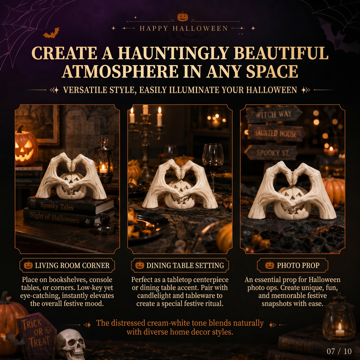 🖤🎃 "Til Death" Skeleton Hands Heart & White Pumpkin Figurine | Spooky Chic Gothic Halloween Decor