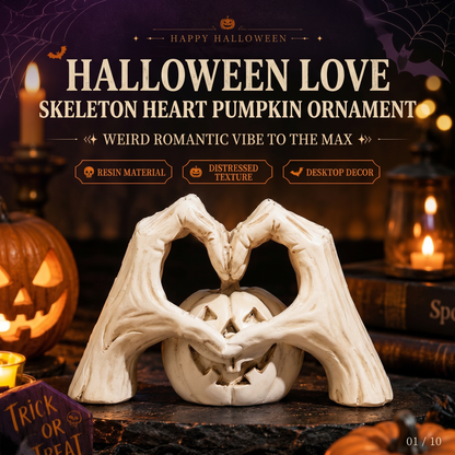 🖤🎃 "Til Death" Skeleton Hands Heart & White Pumpkin Figurine | Spooky Chic Gothic Halloween Decor