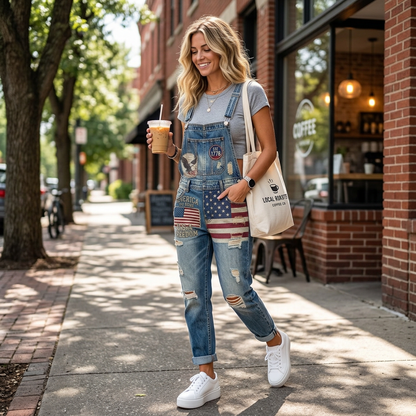 Women's America The Brave USA Flag Eagle Print Casual Shorts Overalls