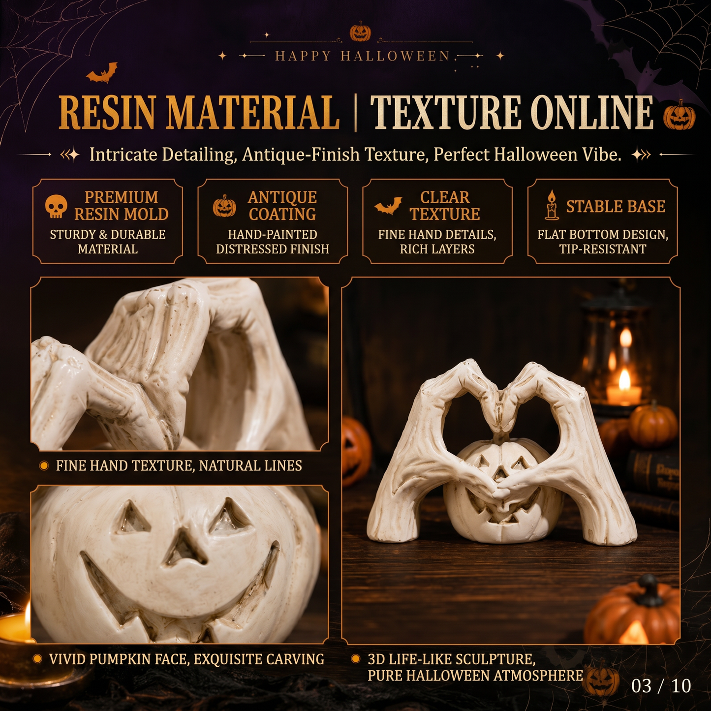 🖤🎃 "Til Death" Skeleton Hands Heart & White Pumpkin Figurine | Spooky Chic Gothic Halloween Decor