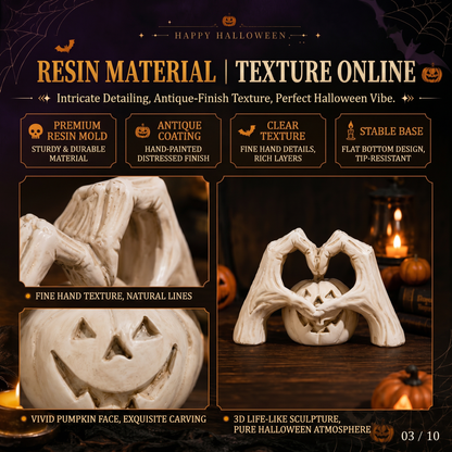 🖤🎃 "Til Death" Skeleton Hands Heart & White Pumpkin Figurine | Spooky Chic Gothic Halloween Decor