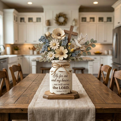 🏡 Joshua 24:15 Rustic Farmhouse Centerpiece | "As For Me and My House" Faith Decor | Everlasting Wooden Floral Display