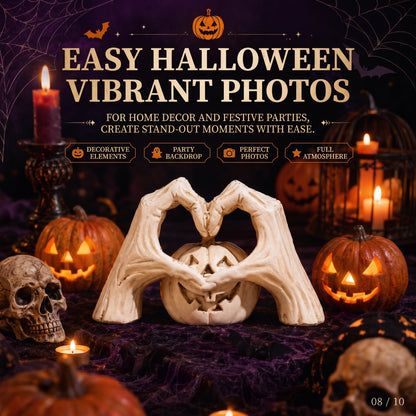 🖤🎃 "Til Death" Skeleton Hands Heart & White Pumpkin Figurine | Spooky Chic Gothic Halloween Decor