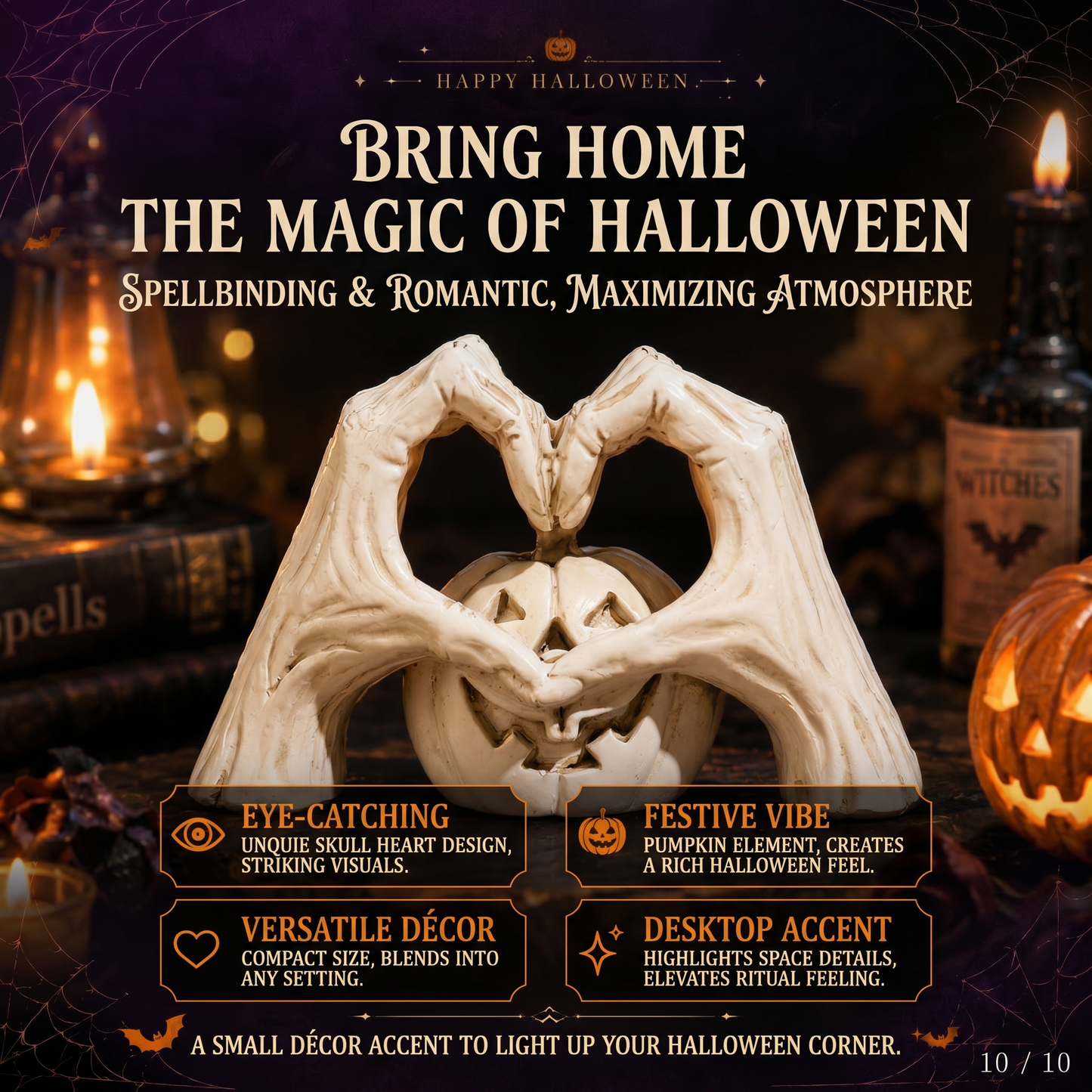 🖤🎃 "Til Death" Skeleton Hands Heart & White Pumpkin Figurine | Spooky Chic Gothic Halloween Decor