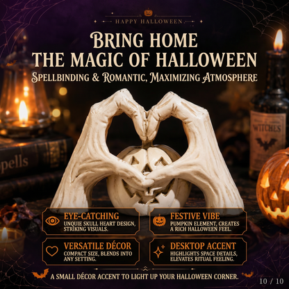 🖤🎃 "Til Death" Skeleton Hands Heart & White Pumpkin Figurine | Spooky Chic Gothic Halloween Decor