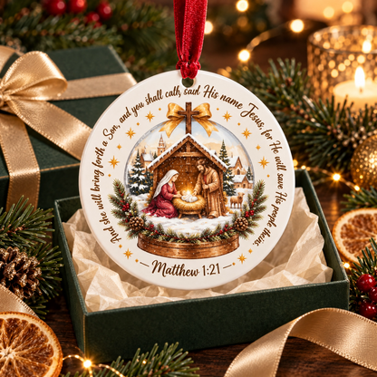Nativity Scene Matthew 1:21 Christmas Ceramic Ornament