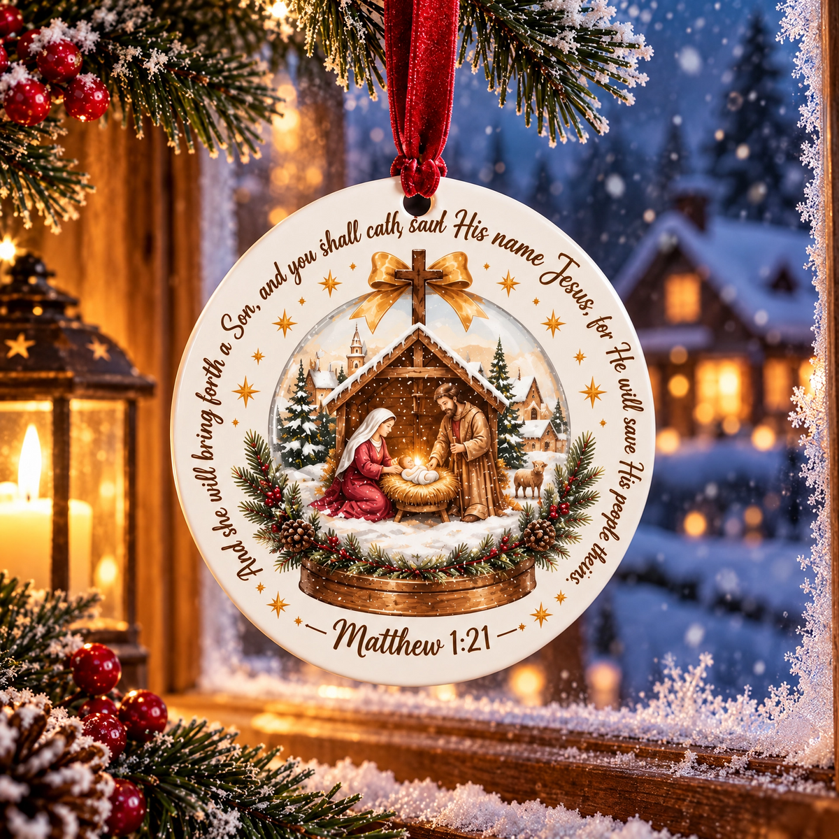 Nativity Scene Matthew 1:21 Christmas Ceramic Ornament