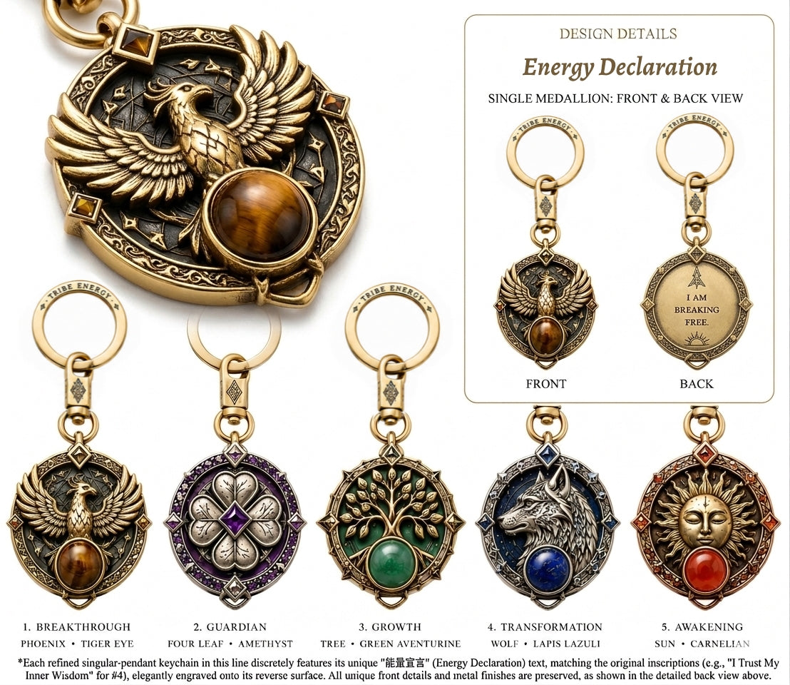 💪Energy Declaration Tribe Style Keychain | Natural Gem Retro Made Brass | Breakthrough/Guardian/Growth/Transformation/Awakening 5 Options to Choose from