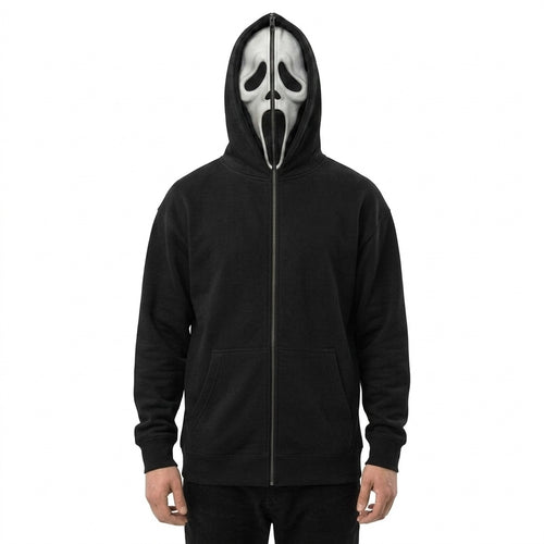 👻 Ghost Face Full-Zip Mask Hoodie | 2-in-1 Built-In Face Cover Zip-Up Sweatshirt for Streetwear, Halloween & Cosplay 🖤