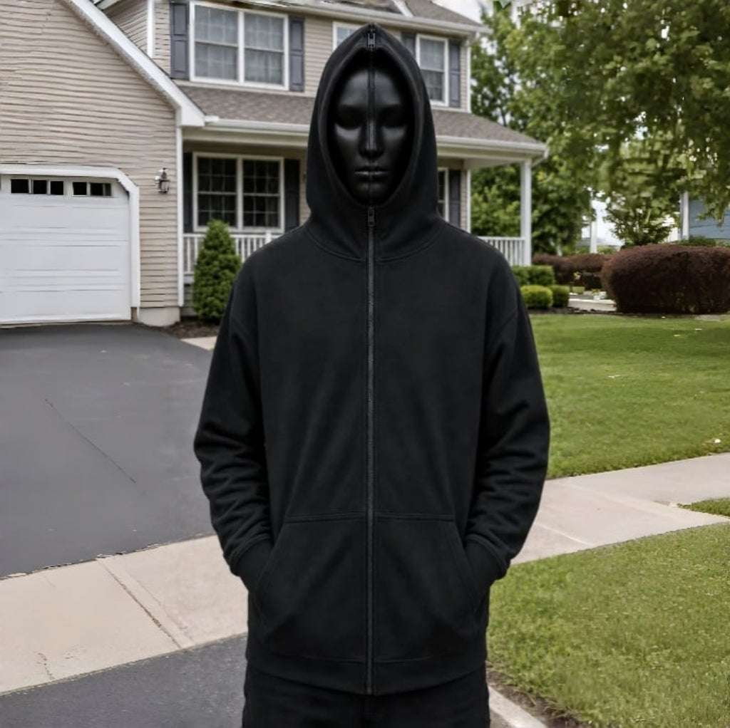 👻 Ghost Face Full-Zip Mask Hoodie | 2-in-1 Built-In Face Cover Zip-Up Sweatshirt for Streetwear, Halloween & Cosplay 🖤